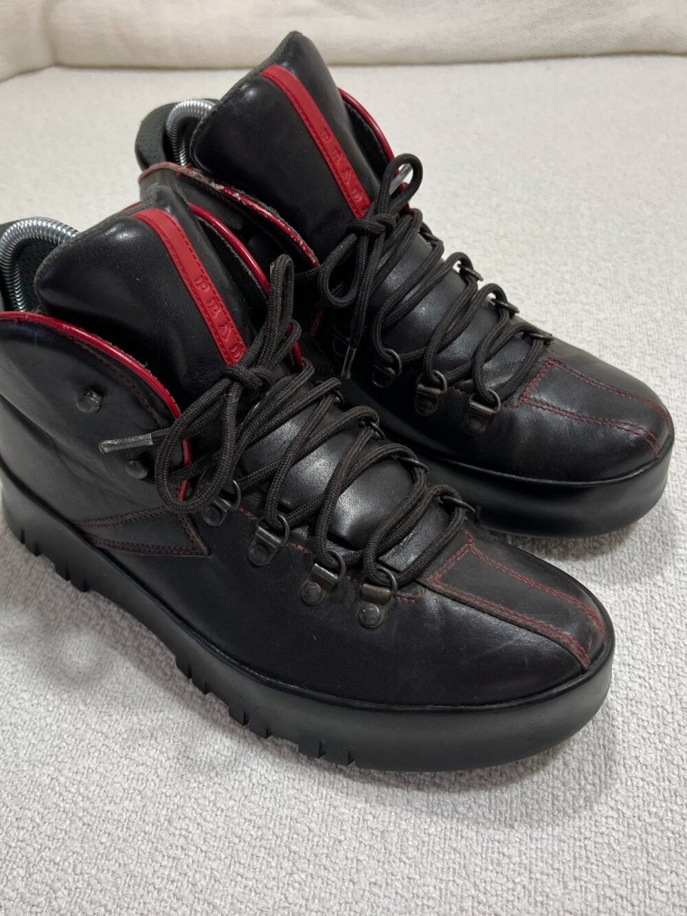 Prada Linea Rossa Hiking Boots Black Leather Red Stripe 39.5